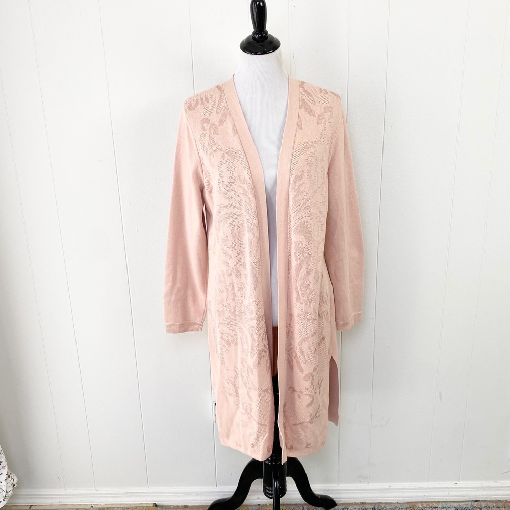 Chicos Light Pink Floral Jacquard Open Front Long Cardigan Size Large